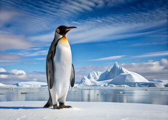 Fototapeta premium Majestic emperor penguin standing tall on pristine Antarctic ice, surrounded by stunning icy landscapes and clear blue sky, showcasing beauty of nature