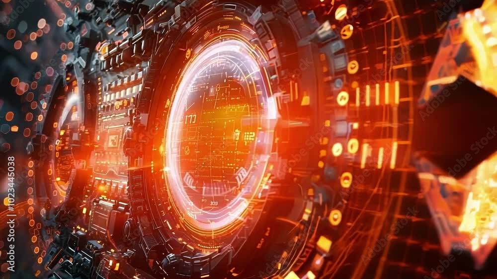 Poster futuristic control panel showing financial data, with a large circular display in the center showing