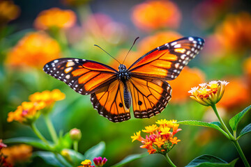 Obraz premium vibrant orange and black butterfly gracefully dances above colorful flowers, showcasing its delicate wings in lush garden setting. scene evokes sense of tranquility and beauty