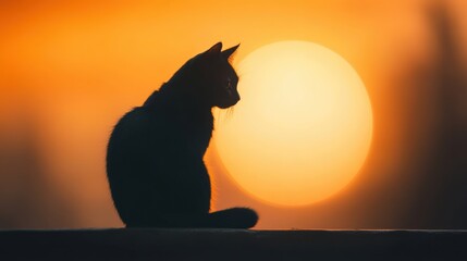 Silhouette of a cat against a vibrant sunset backdrop, AI