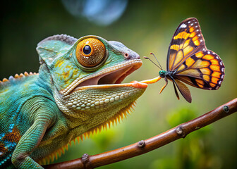 Fototapeta premium vibrant chameleon reaching for colorful butterfly with its extended tongue, showcasing moment of natures beauty and interaction. vivid colors and intricate details highlight wonder of wildlife