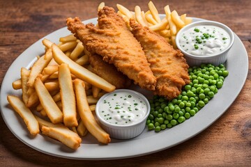A traditional british fish and chips plate featuring crispy battered cod and golden fries, Ai Generated