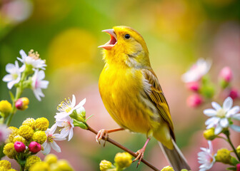 vibrant yellow canary sings joyfully among blooming flowers, creating lively scene in colorful garden. beauty of nature is captured in this delightful moment