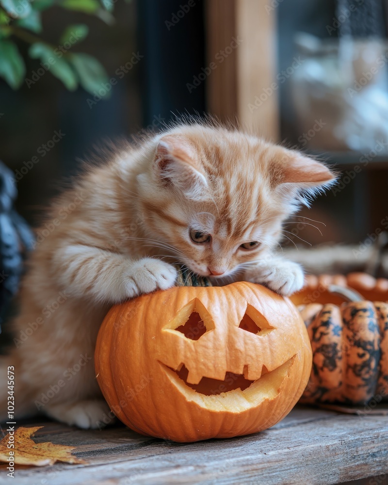 Poster Halloween preparations with playful kitten and carved pumpkins