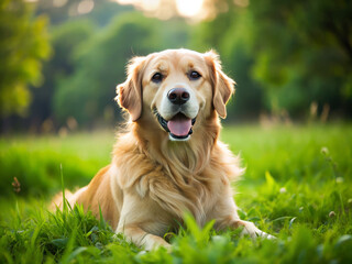 Obraz premium Golden retriever lying in field of green grass, enjoying warm sunlight and natures beauty. This friendly dog exudes happiness and tranquility in its serene environment