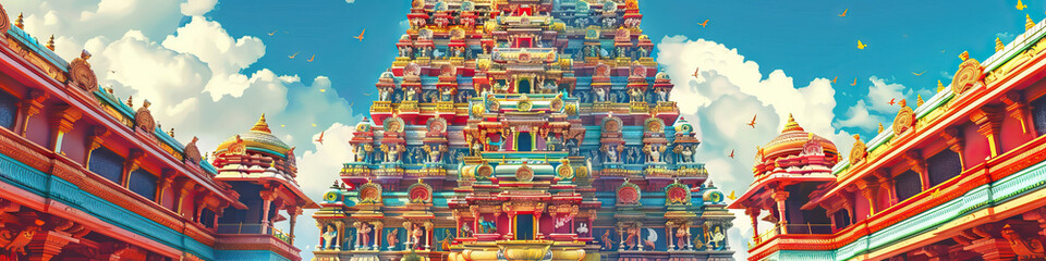 A Hindu temple's towering gopuram, its intricate carvings and vibrant reds and golds paying homage to deities.