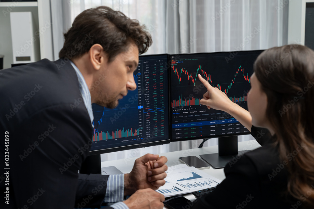 Poster two business traders discussing on dynamic stock market in currency rate investment trading on two p