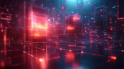 A vibrant, futuristic digital landscape featuring glowing red and blue elements, creating a mesmerizing, tech-inspired environment.