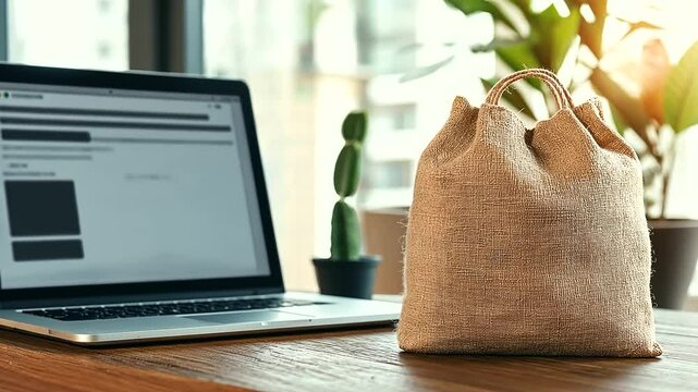A blank burlap sack sits prominently in front of an open laptop displaying an e-commerce website, symbolizing the simplicity and tradition merging with modern online shopping