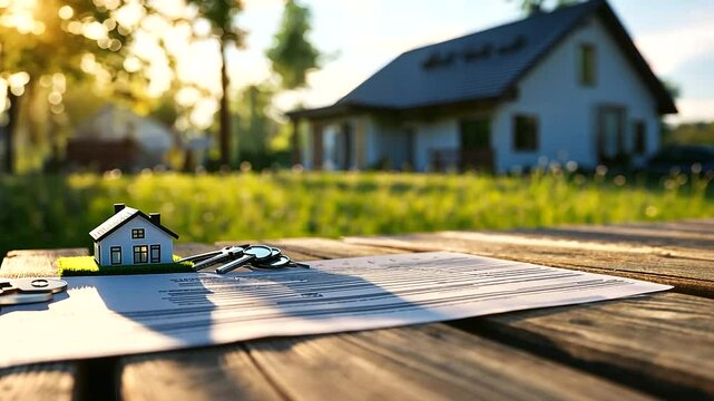 On a rustic wooden table outside, various property documents, house keys, and a small model of a home lie neatly arranged. In the background, a newly built modern house glistens in the sunlight