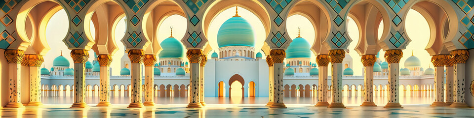 An ornate Islamic mosque's intricate archways and domes, their gold and turquoise tiles reflecting the warm sunlight.