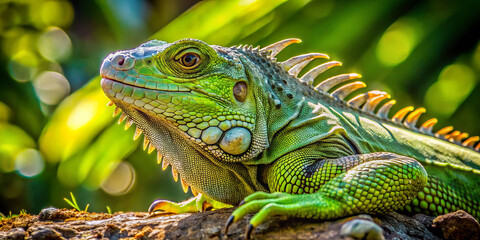 Obraz premium vibrant green iguana lounging in sunlight, showcasing its intricate scales and relaxed demeanor amidst lush, natural background. sunlight highlights its features beautifully