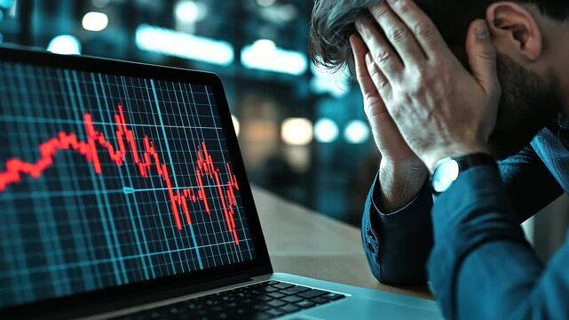 A businessman sitting at a table with his hands over his eyes, a laptop in front of him showing a rapidly falling stock market graph with red numbers, illustrating stress over financial losses