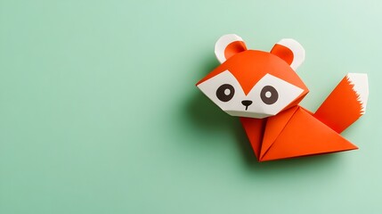 Fototapeta premium Origami Paper Red Panda Figurine on Clean Green Background