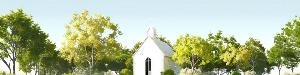 Fototapeta premium A simple country church's whitewashed walls contrasting against the lush greenery outside, creating a peaceful sanctuary.