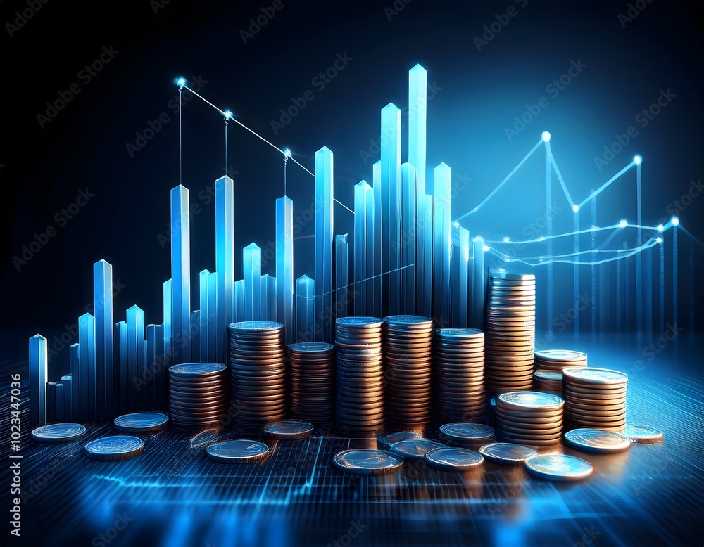 Wall mural 3d coin background with a blue finance graph and investment bar, showcasing growth