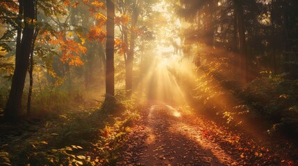 Obraz premium Golden Rays of Dawn in a Misty Forest