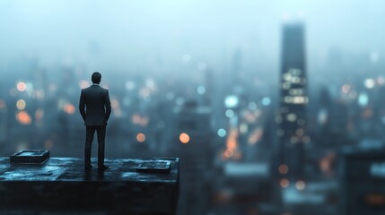 Fototapeta premium A suited figure gazes over a misty city skyline, conveying ambition and introspection.