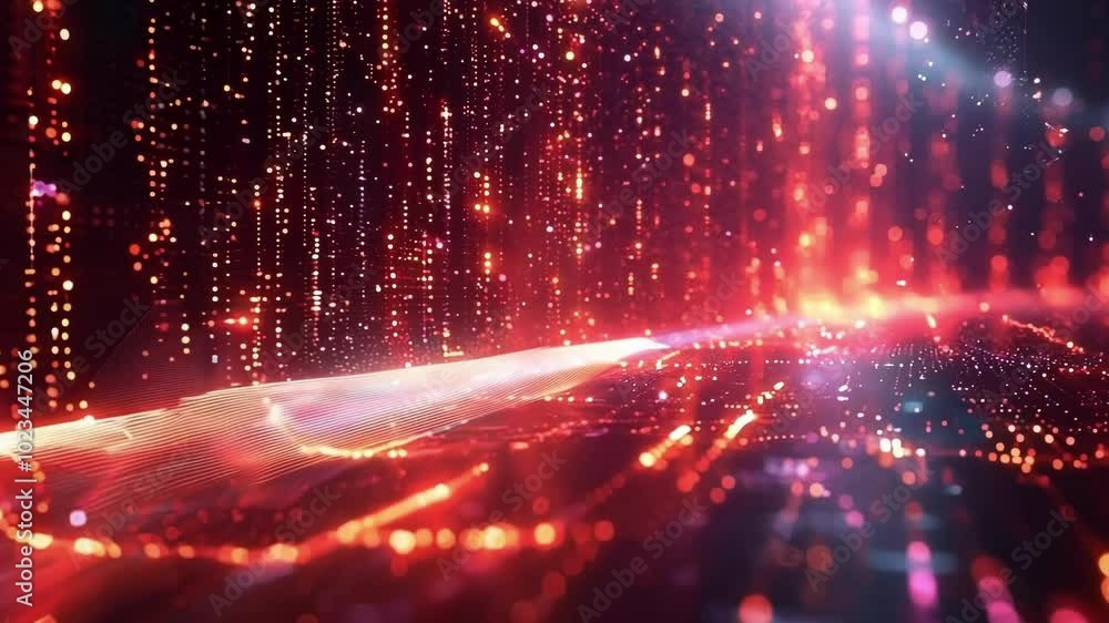 Aufkleber abstract futuristic background in red tones with glowing particles forming charts and graphs, suitab