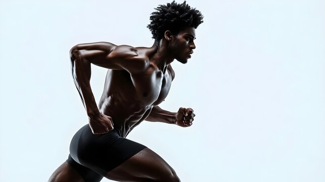 A bare-chested athlete is seen running vigorously on a white background, taking a long stride forward during a sprint.Concept of people in sport, healthy lifestyle, teamwork, motivation.