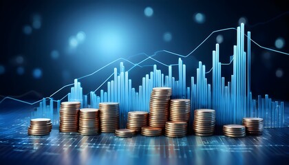 3D coin background with a blue finance graph and investment bar, showcasing growth