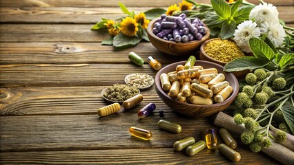 Fototapeta premium Herbal supplements and remedies displayed on wooden surface at a tilted angle