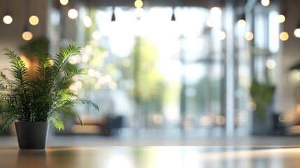 Fototapeta premium A serene indoor space featuring a potted plant and blurred background lights.