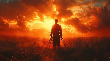 man breaking chains in a vast natural field symbolizing freedom and liberation with sunlight pouring down casting dramatic shadows invoking a sense of hope and resilience