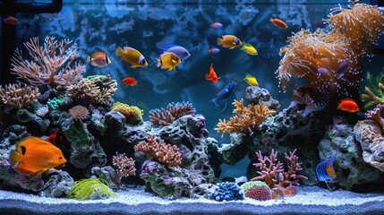 Naklejka premium Write about the experience of setting up and maintaining a vibrant aquarium, from selecting compatible fish species to creating a balanced ecosystem that mimics natural habitats.