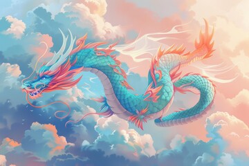 Vibrant sky dragon among colorful clouds