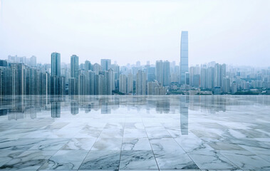 Naklejka na ściany i meble Empty marble floor with city skyline reflecting in surface