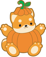 Cute puppy kawaii dog lovely animal halloween vector. Fluffy Shiba Inu pet stickers. Happy doggy activities illustrations.