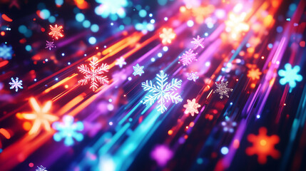 Obraz premium Vibrant close-up of glittering snowflake ornaments on a Christmas tree, surrounded by colorful lights and festive bokeh, creating a magical holiday atmosphere.