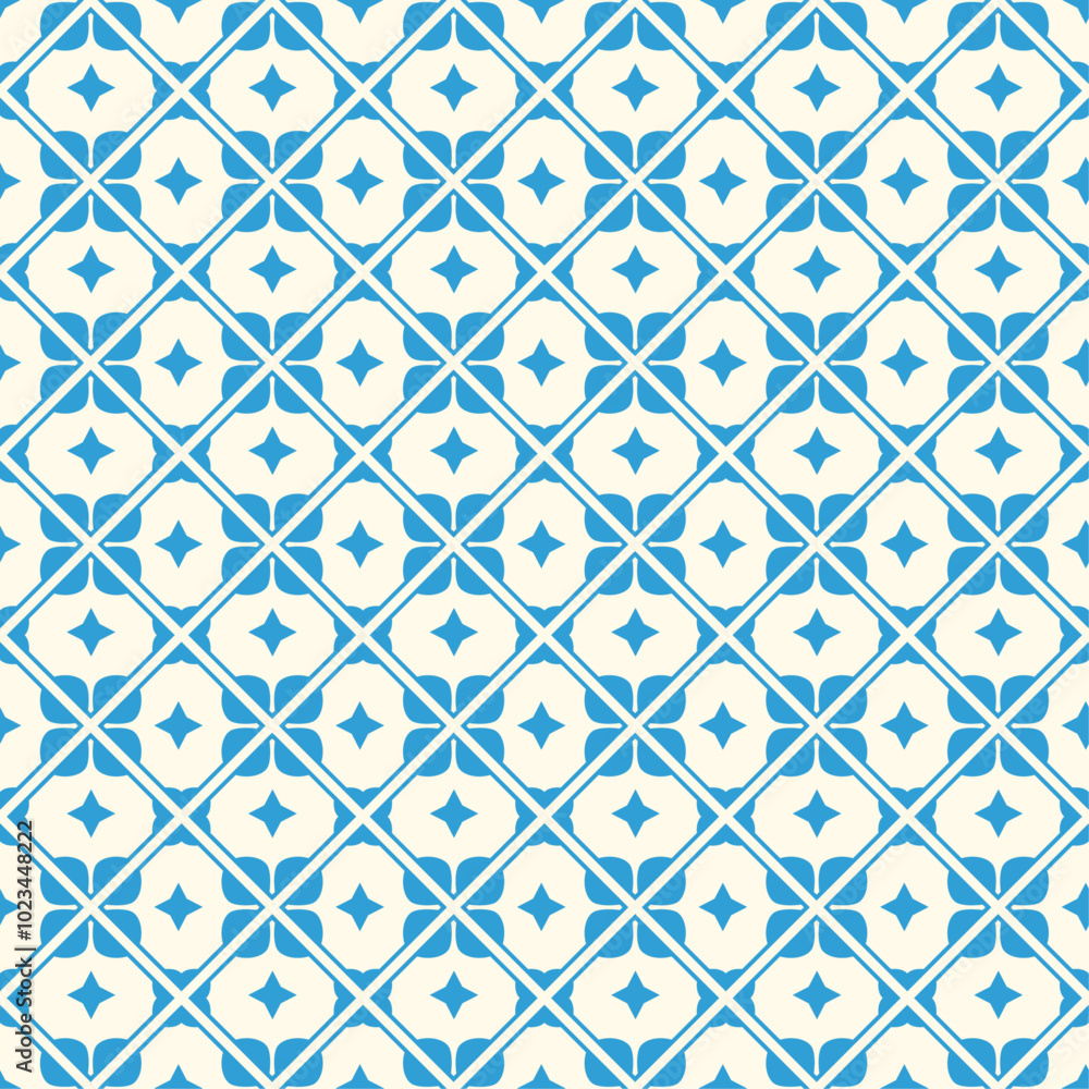 Poster Blue pattern of petals and diamonds. White background and repeating textile pattern.