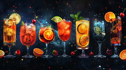 Patterns with cocktails. Illustration of festive drinks in different types of glasses with decoration.Patterns with soft and alcohol drinks