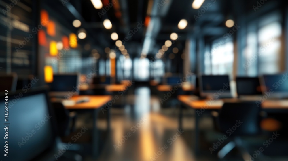 Poster a blurred view of a modern office space with computers and desks.