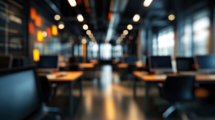 Fototapeta premium A blurred view of a modern office space with computers and desks.