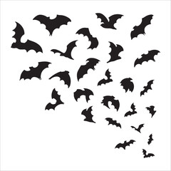 Halloween bat isolated on white background. Bats flying upward from afar, a growing flock of bats. Simple black contour bats for horror night holiday. For label, card, banner, ad
