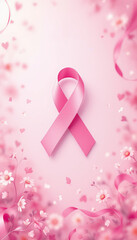 Fototapeta premium Dia Mundial de Combate ao Câncer de Mama. Imagem de um laço rosa no centro, cercado por flores em um fundo rosa. A cena simboliza a conscientização e apoio ao combate ao câncer de mama.