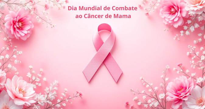 Dia Mundial de Combate ao C&acirc;ncer de Mama. Imagem de um la&ccedil;o rosa no centro, cercado por flores em um fundo rosa. A cena simboliza a conscientiza&ccedil;&atilde;o e apoio ao combate ao c&acirc;ncer de mama.

