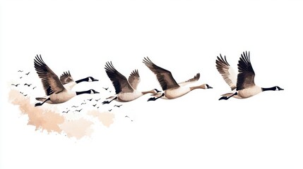 Obraz premium A flock of geese flying in formation, realistic digital painting, cool tones, isolated on white background