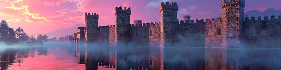 A European castle's moat reflecting the hues of sunset upon its stone walls, a serene scene of medieval architecture.