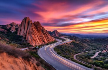 Fototapeta premium Highway with Cars and Trucks Driving at Sunset and Scenic Natural Landscape