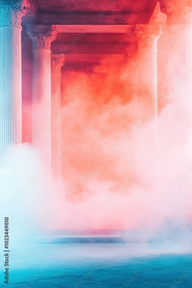 Poster A captivating view of grand columns enveloped in colorful fog, creating a mystical atmosphere. The interplay of light and smoke adds depth and intrigue.
