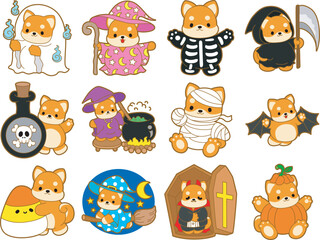 Cute puppy kawaii dog lovely animal halloween vector. Fluffy Shiba Inu pet stickers. Happy doggy activities illustrations.