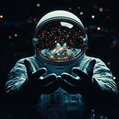 An astronaut in a spacesuit extends their hands forward, with the reflective visor of the helmet revealing a mesmerizing view of stars and galaxies, creating a cosmic and futuristic scene against a da