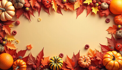 Autumn leaves and pumpkins arranged on beige background, seasonal decoration, copy space