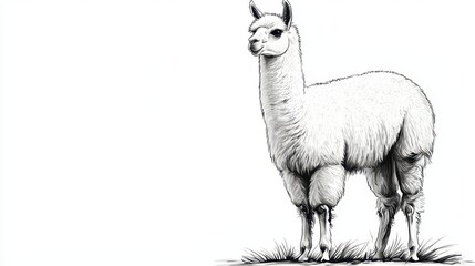 Fototapeta premium A fluffy alpaca standing tall, pencil sketch style, soft shading, isolated on white background
