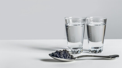 Black sturgeon caviar on a silver spoon and two shots of vodka on white background.