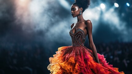 Fashion model on catwalk stage.